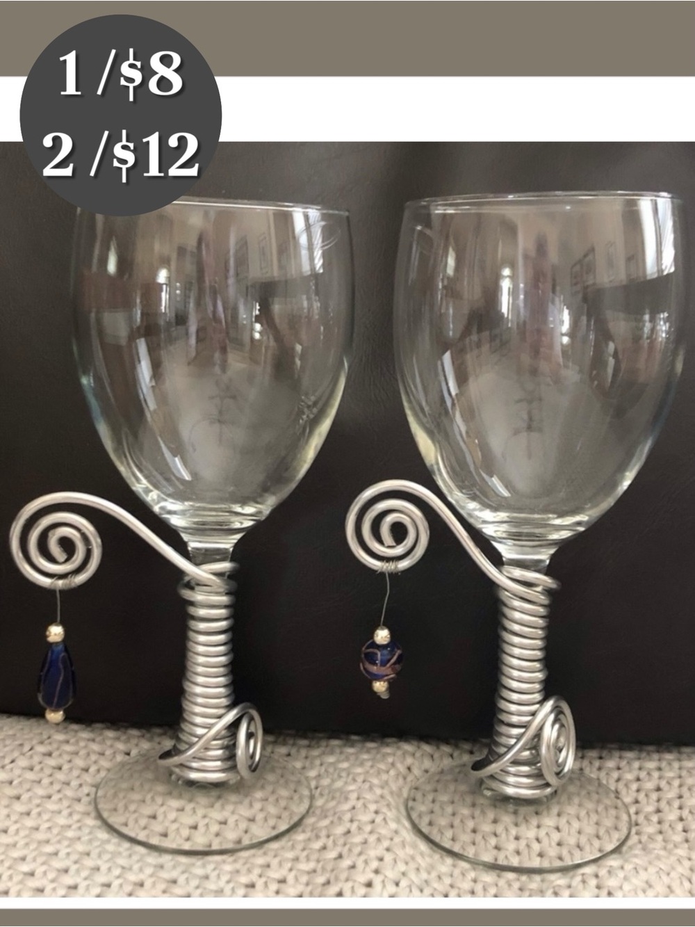 🪅🍷Wine Glasses Embellished w Bead Charms.  Set of Two (2).  NWOT.